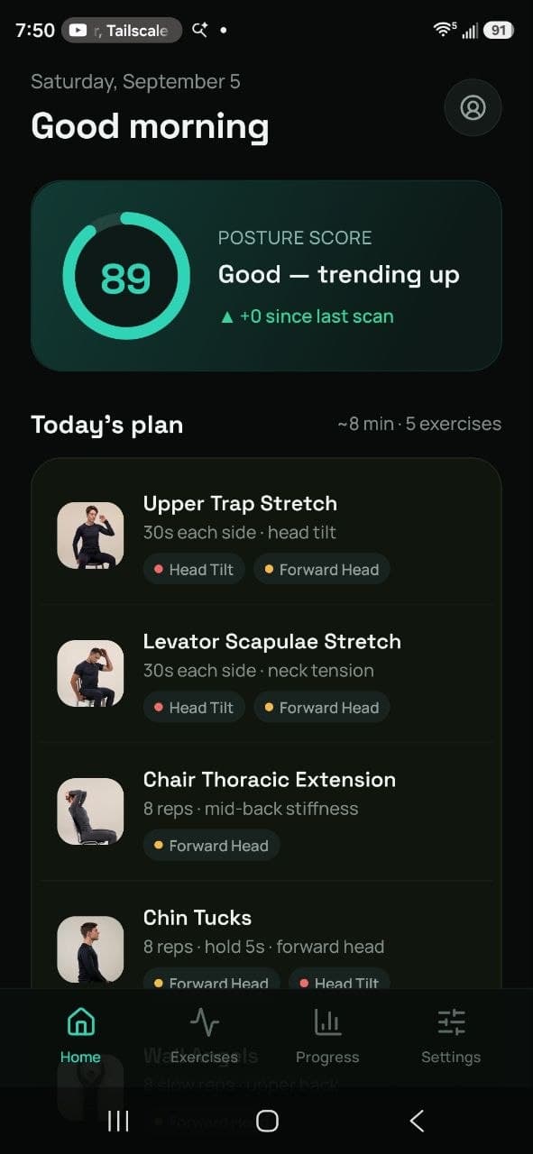 Vertebro app showing a posture score of 89 and today's guided exercise plan
